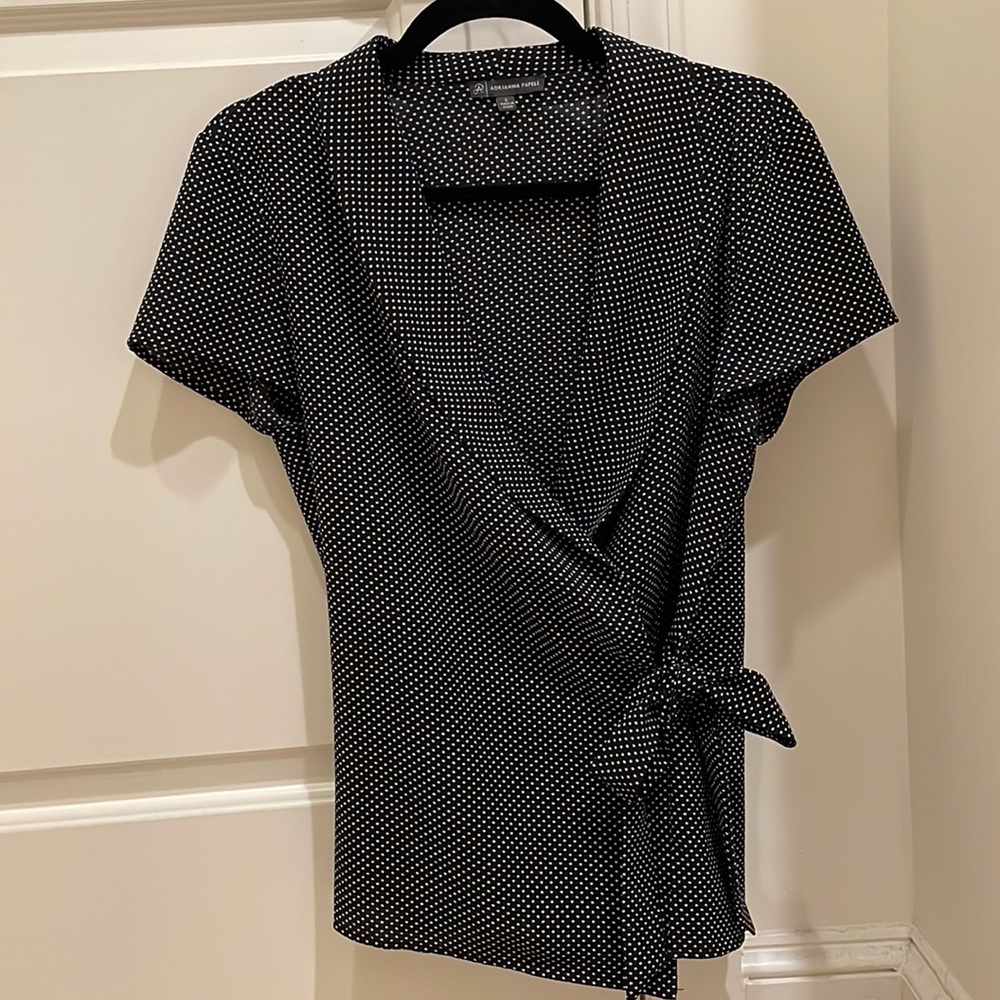Adriana Papell Navy Polka Dot Wrapped Blouse